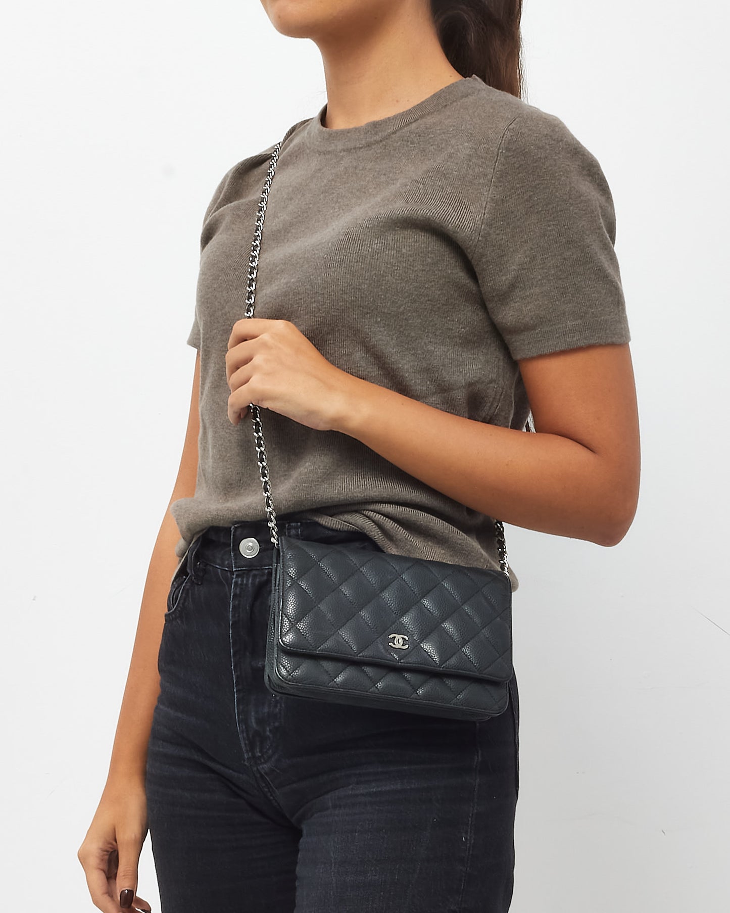 Chanel Black Quilted Caviar Leather WOC Wallet on Chain Crossbody Bag SHW