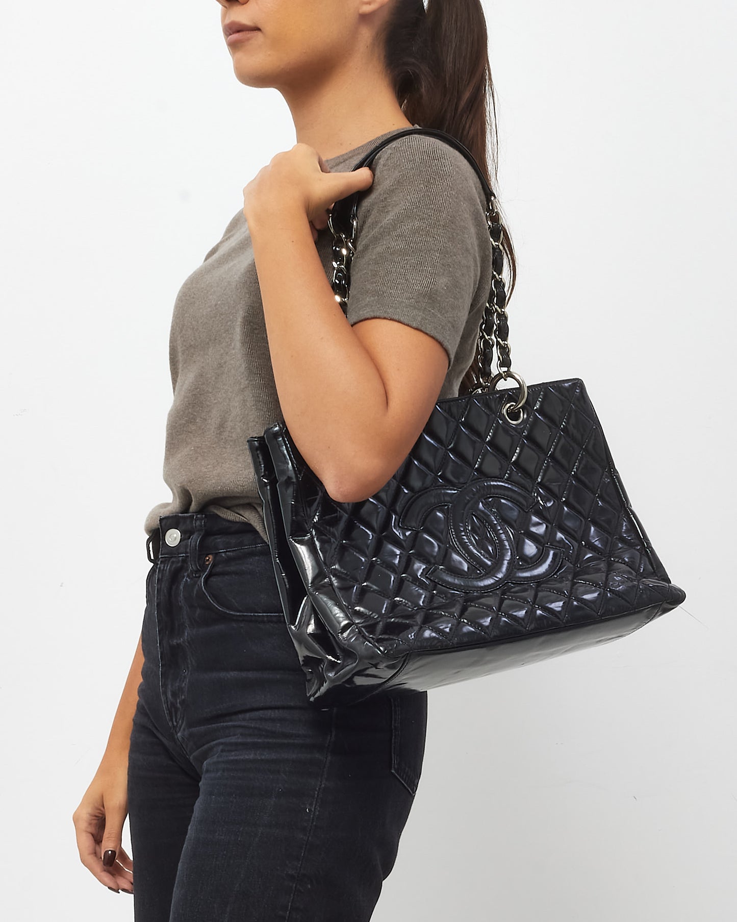 Chanel Black Patent Leather GST Shopper Tote Bag SHW