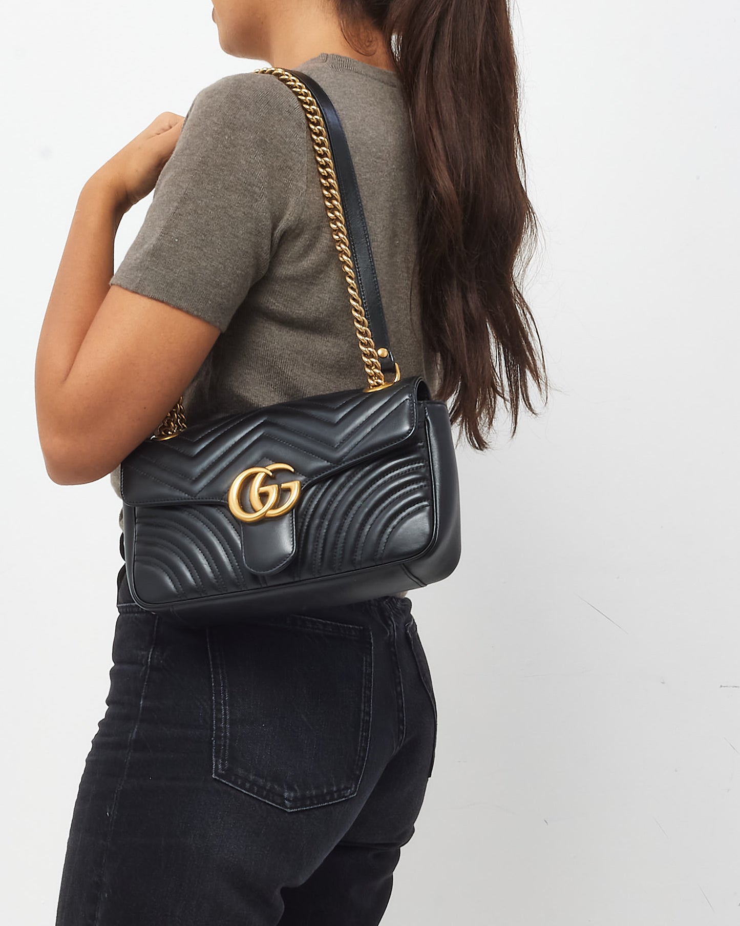 Gucci Black Matelassé Leather Medium GG Marmont Shoulder Bag
