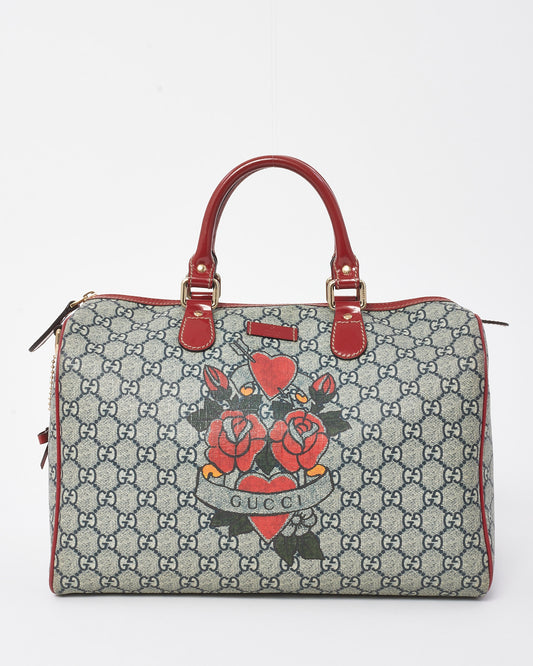 Gucci Blue/Red Monogram GG Coated Canvas Tattoo Heart Medium Joy Boston Bag