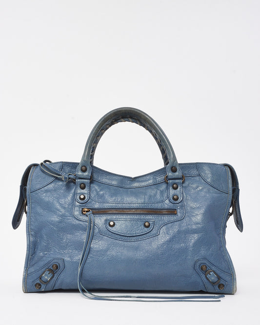 Balenciaga Blue Persian Lambskin Leather Motorcycle City Bag