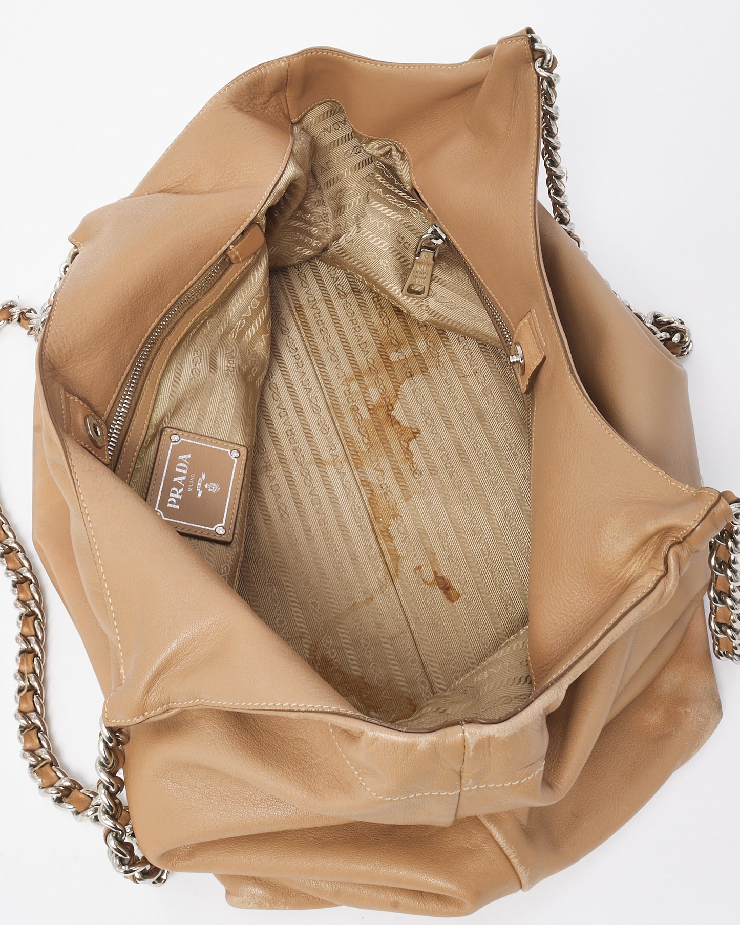 Prada Beige Soft Calfskin Leather Large Chain Tote Bag