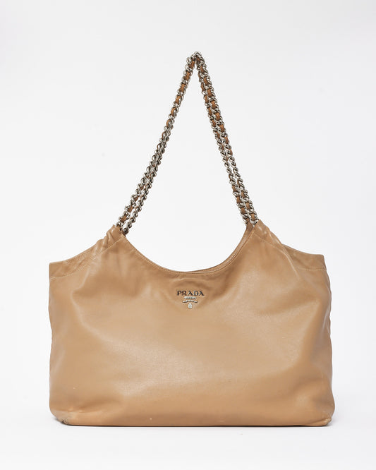 Prada Beige Soft Calfskin Leather Large Chain Tote Bag