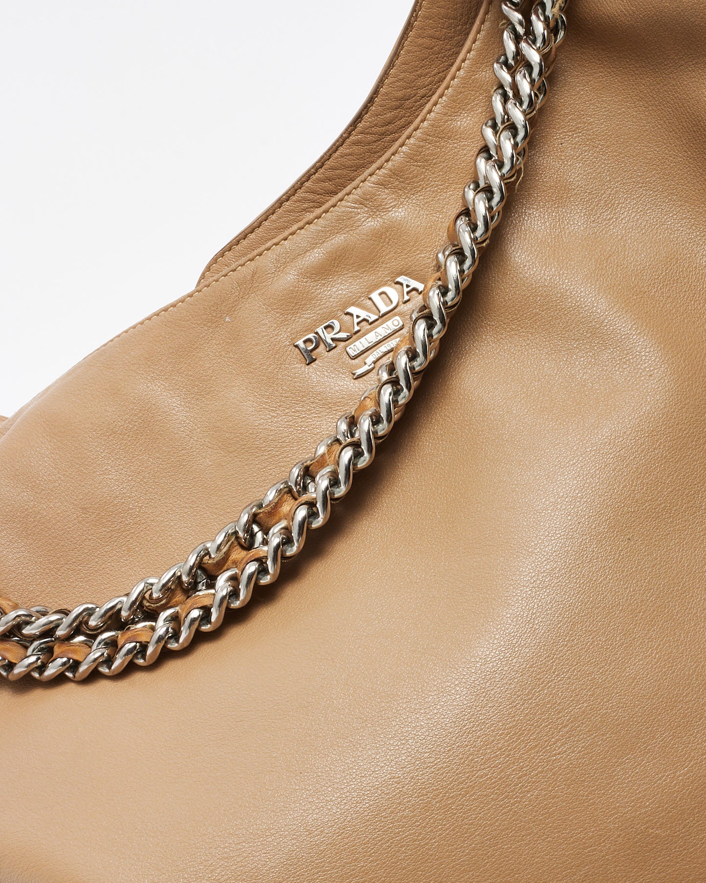 Prada Beige Soft Calfskin Leather Large Chain Tote Bag