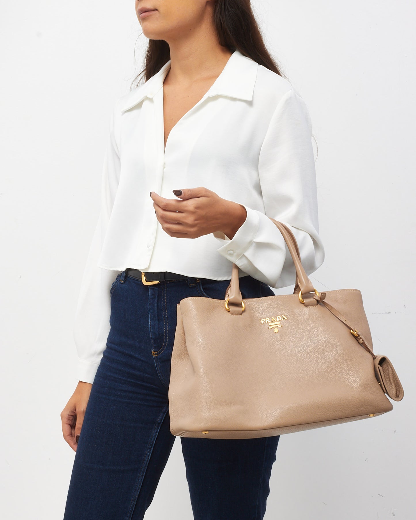 Prada Beige Vitello Daino Leather Logo 2Way Tote Bag