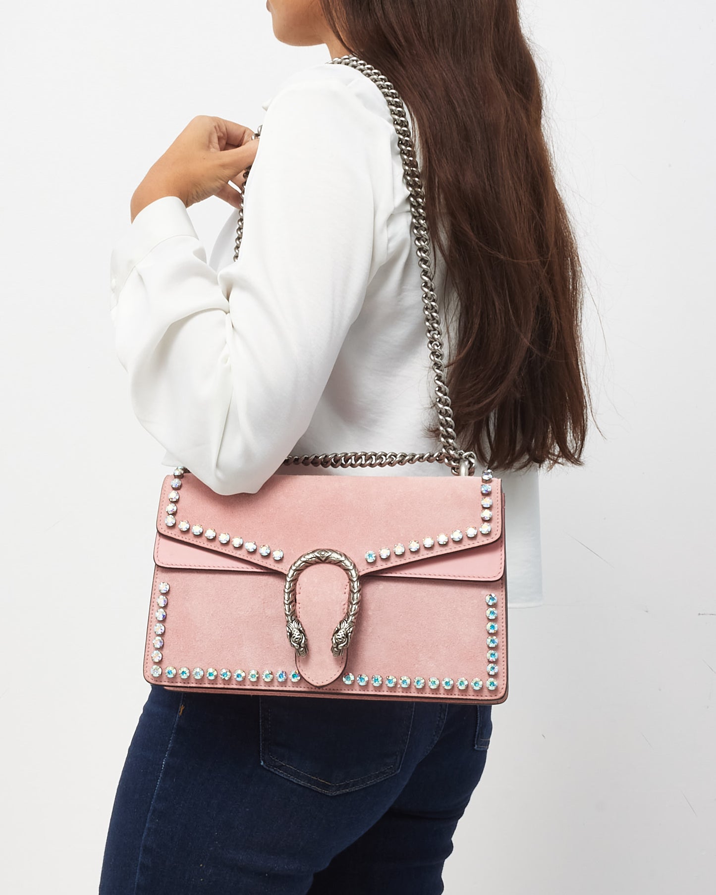 Gucci Pink Suede and Crystal Small Dionysus Shoulder Bag