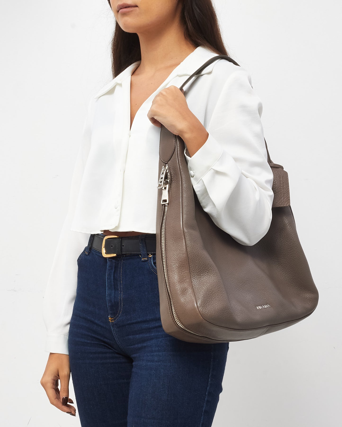 Prada Grey Cervo Deerskin Leather Zipper Logo Hobo Shoulder Bag