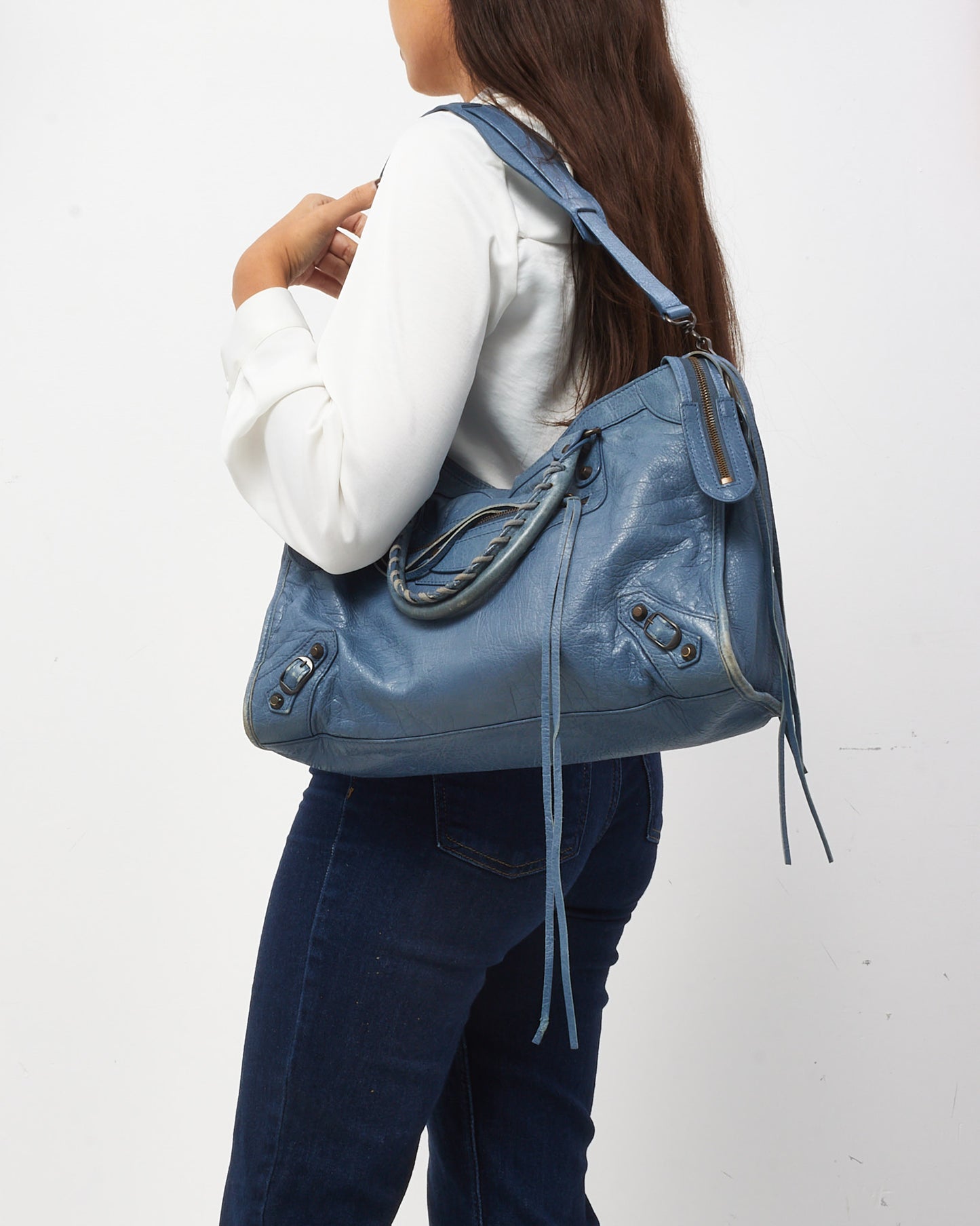 Balenciaga Blue Persian Lambskin Leather Motorcycle City Bag