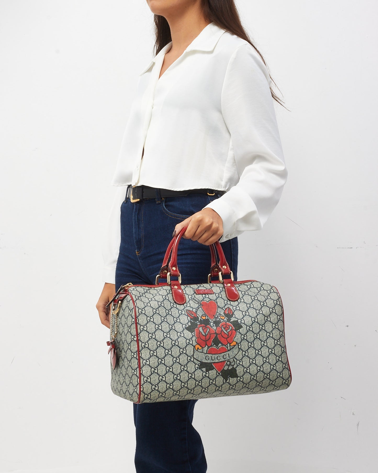 Gucci Blue/Red Monogram GG Coated Canvas Tattoo Heart Medium Joy Boston Bag