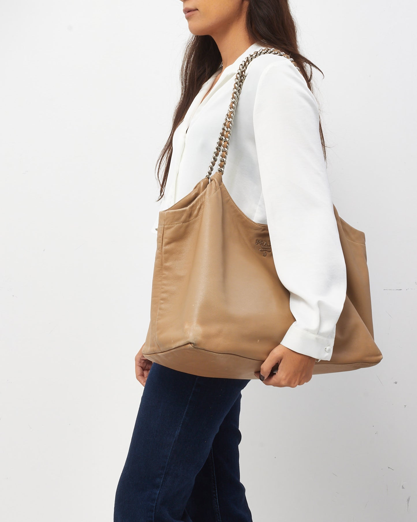 Prada Beige Soft Calfskin Leather Large Chain Tote Bag