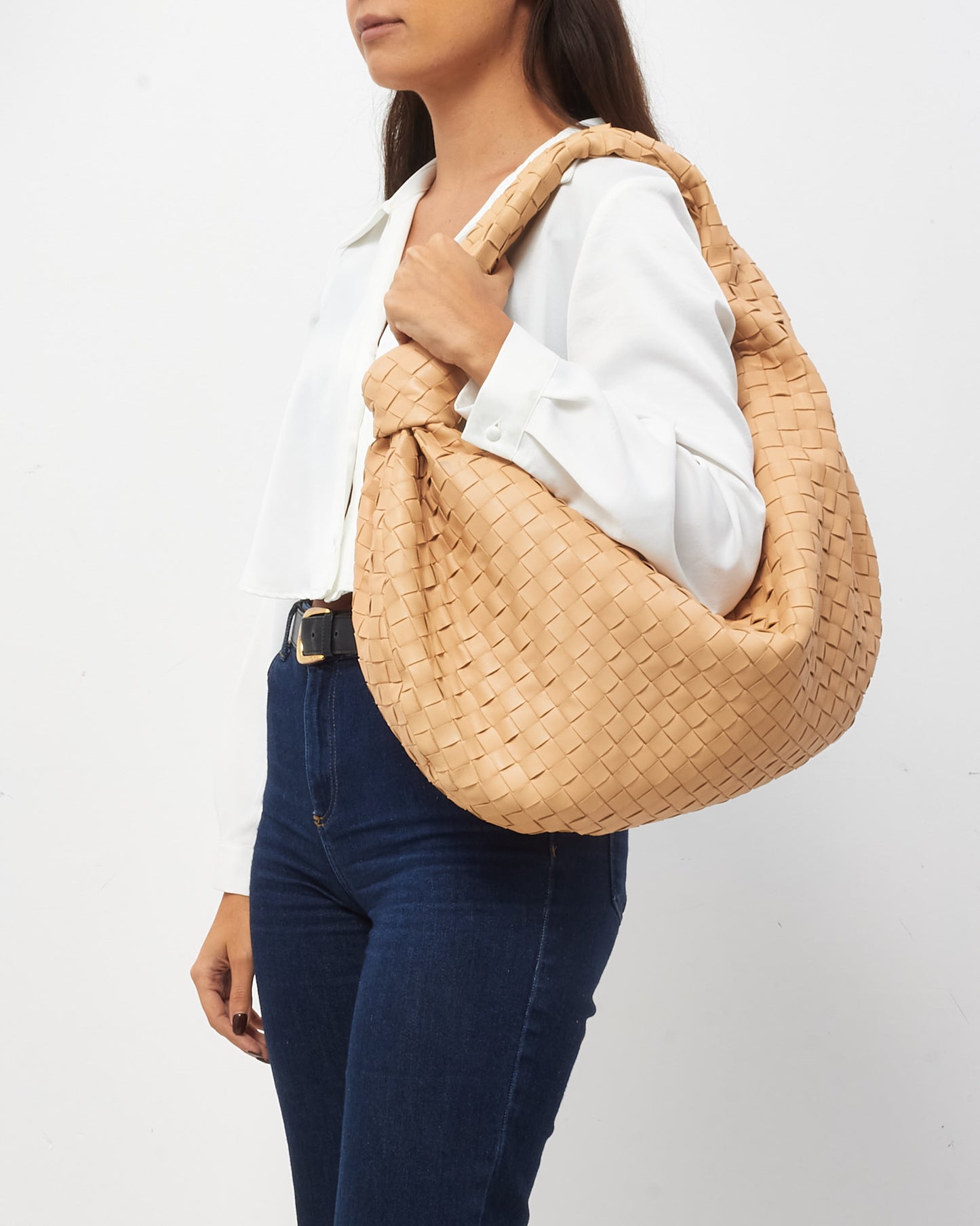 Bottega Veneta Beige Intrecciato Leather Medium Jodie Shoulder Bag