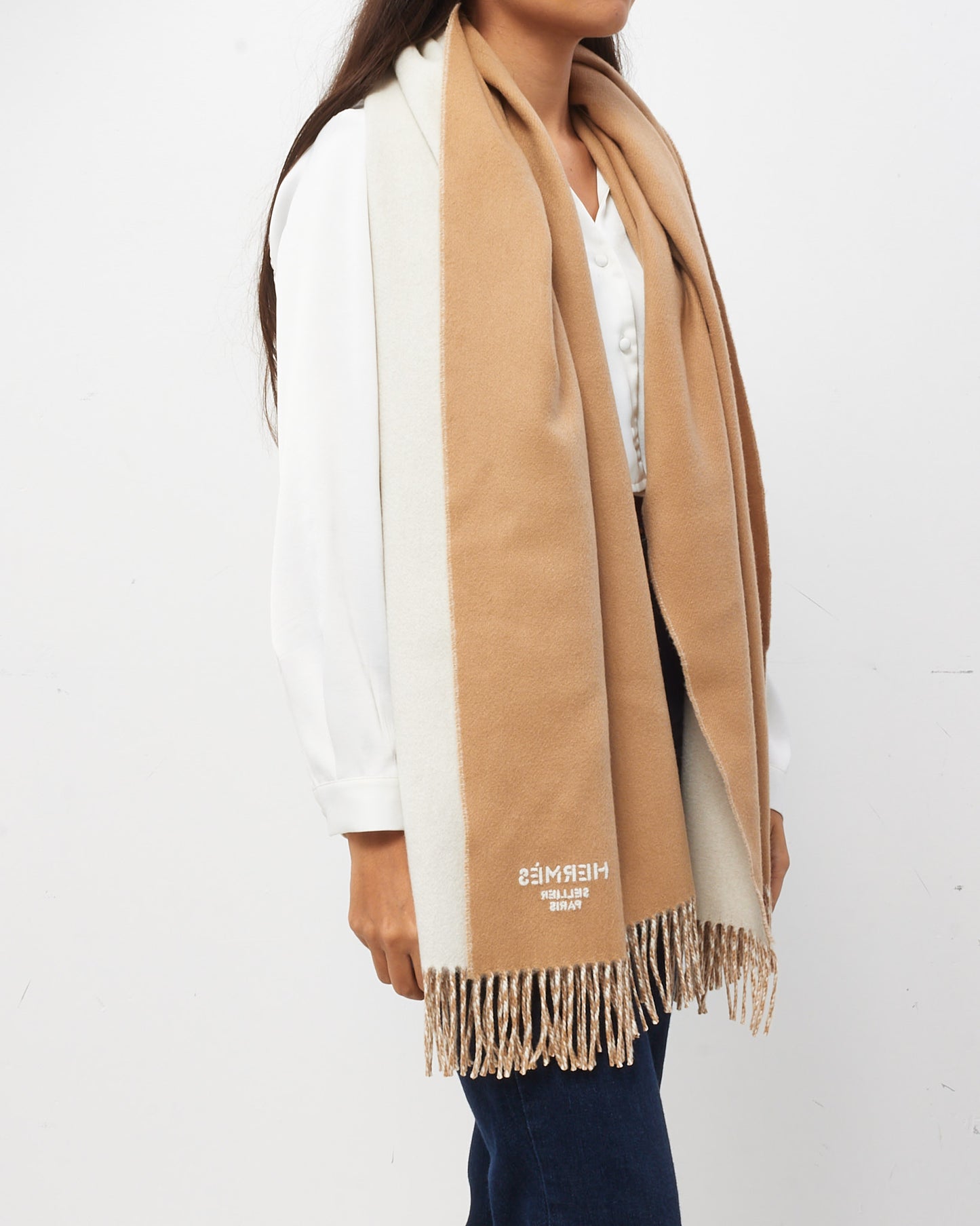 Hermès Beige & White Cashmere Double Face Logo Stole Scarf