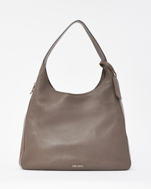Prada Grey Cervo Deerskin Leather Zipper Logo Hobo Shoulder Bag