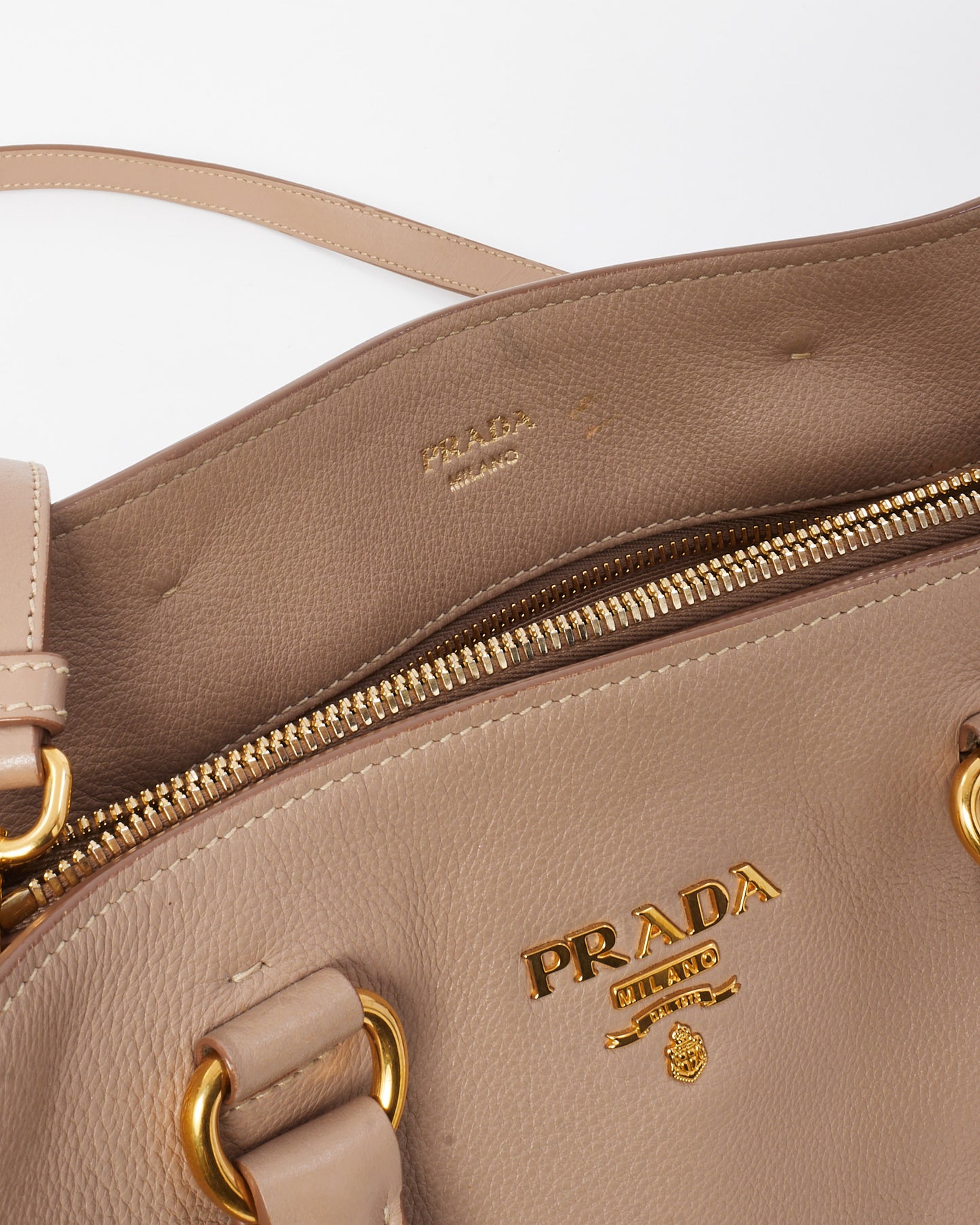 Prada Beige Vitello Daino Leather Logo 2Way Tote Bag