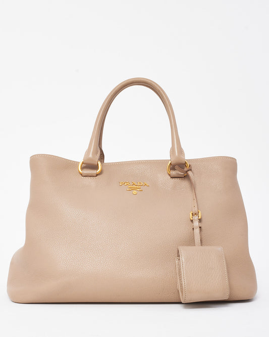 Prada Beige Vitello Daino Leather Logo 2Way Tote Bag