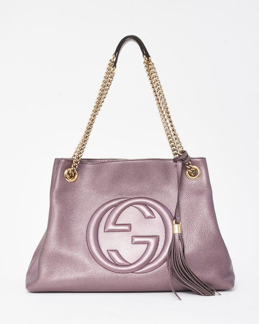 Gucci Metallic Purple Pebbled Leather GG Soho Chain Shoulder Bag