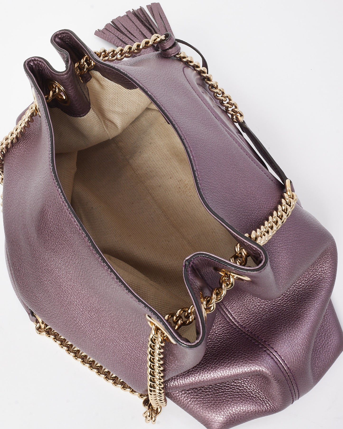 Gucci Metallic Purple Pebbled Leather GG Soho Chain Shoulder Bag