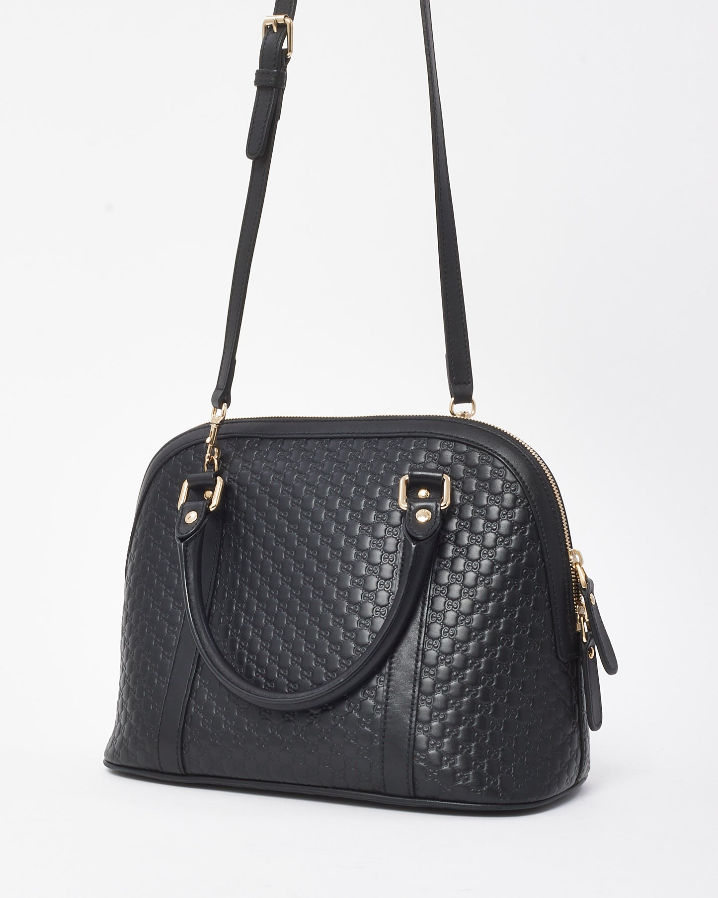 Gucci Black Monogram GG Microguccissima Leather Medium Dome 2Way Bag with Strap