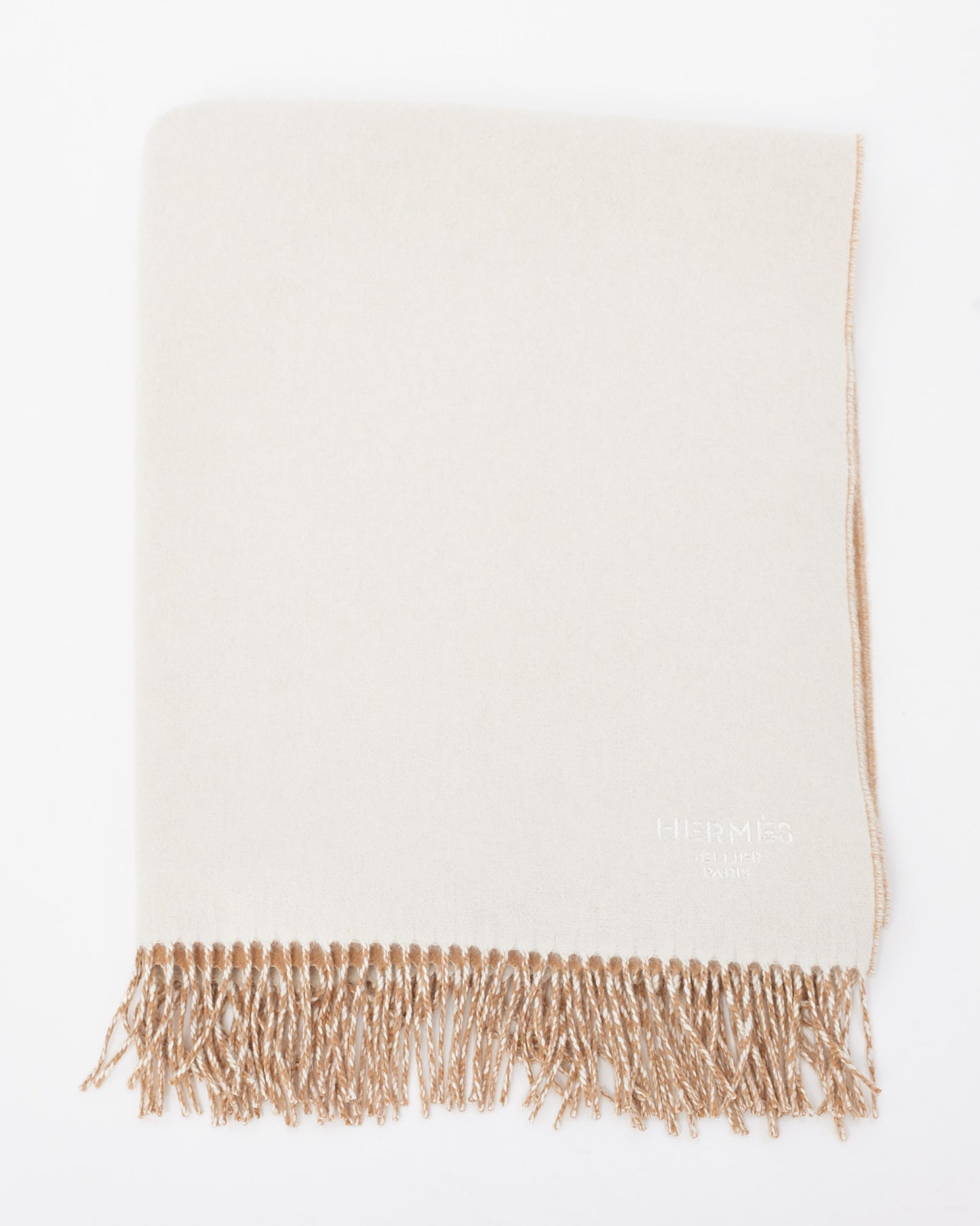Hermès Beige & White Cashmere Double Face Logo Stole Scarf