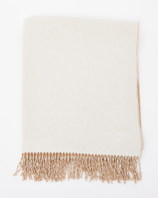 Hermès Beige & White Cashmere Double Face Logo Stole Scarf