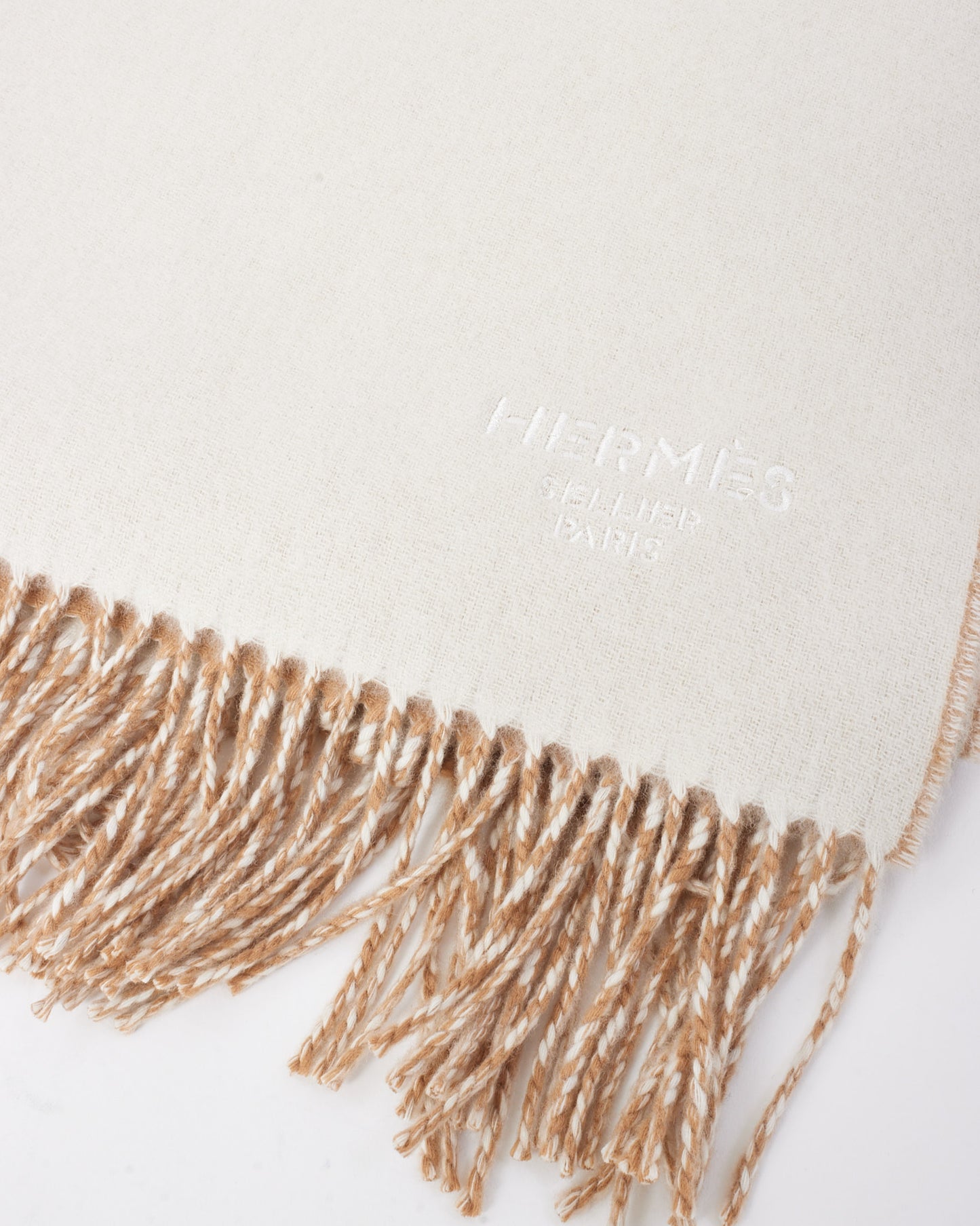 Hermès Beige & White Cashmere Double Face Logo Stole Scarf