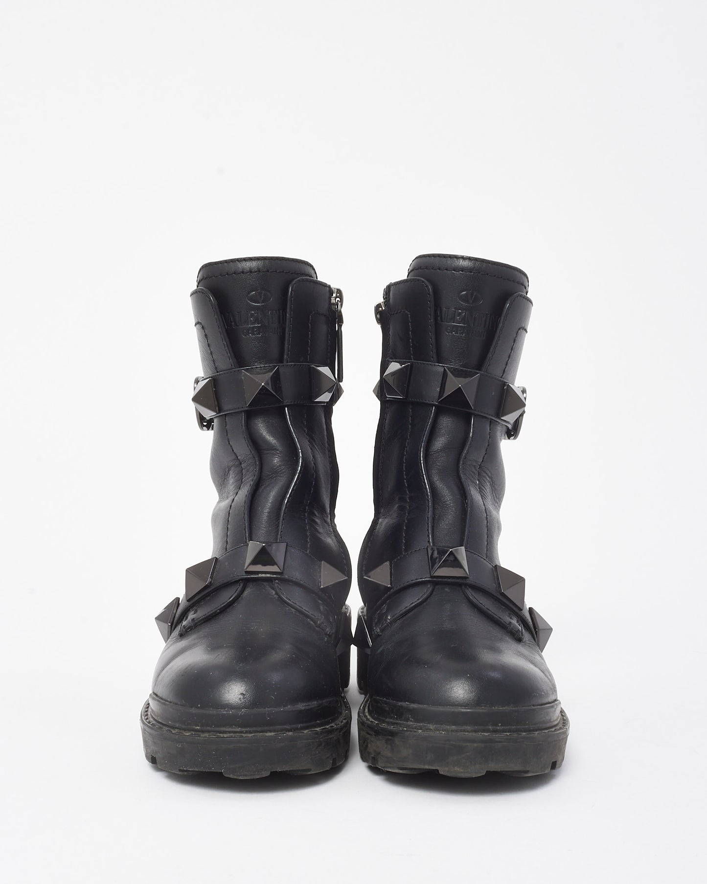 Valentino Black Leather Rockstud Combat Boots - 36.5