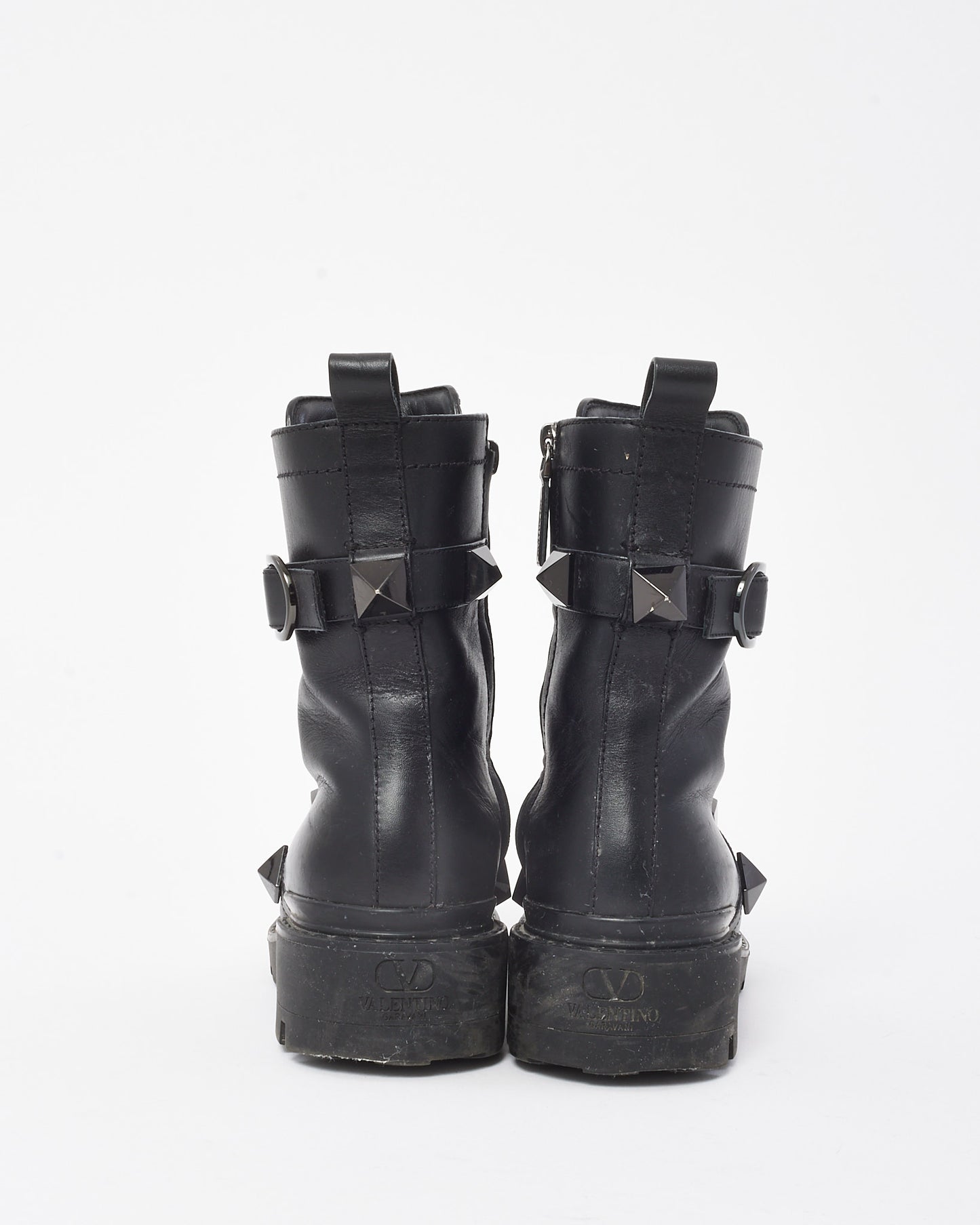 Valentino Black Leather Rockstud Combat Boots - 36.5
