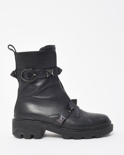 Valentino Black Leather Rockstud Combat Boots - 36.5