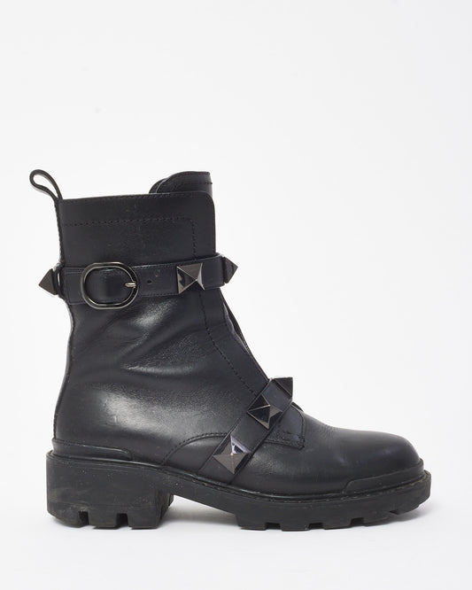 Valentino Black Leather Rockstud Combat Boots - 36.5