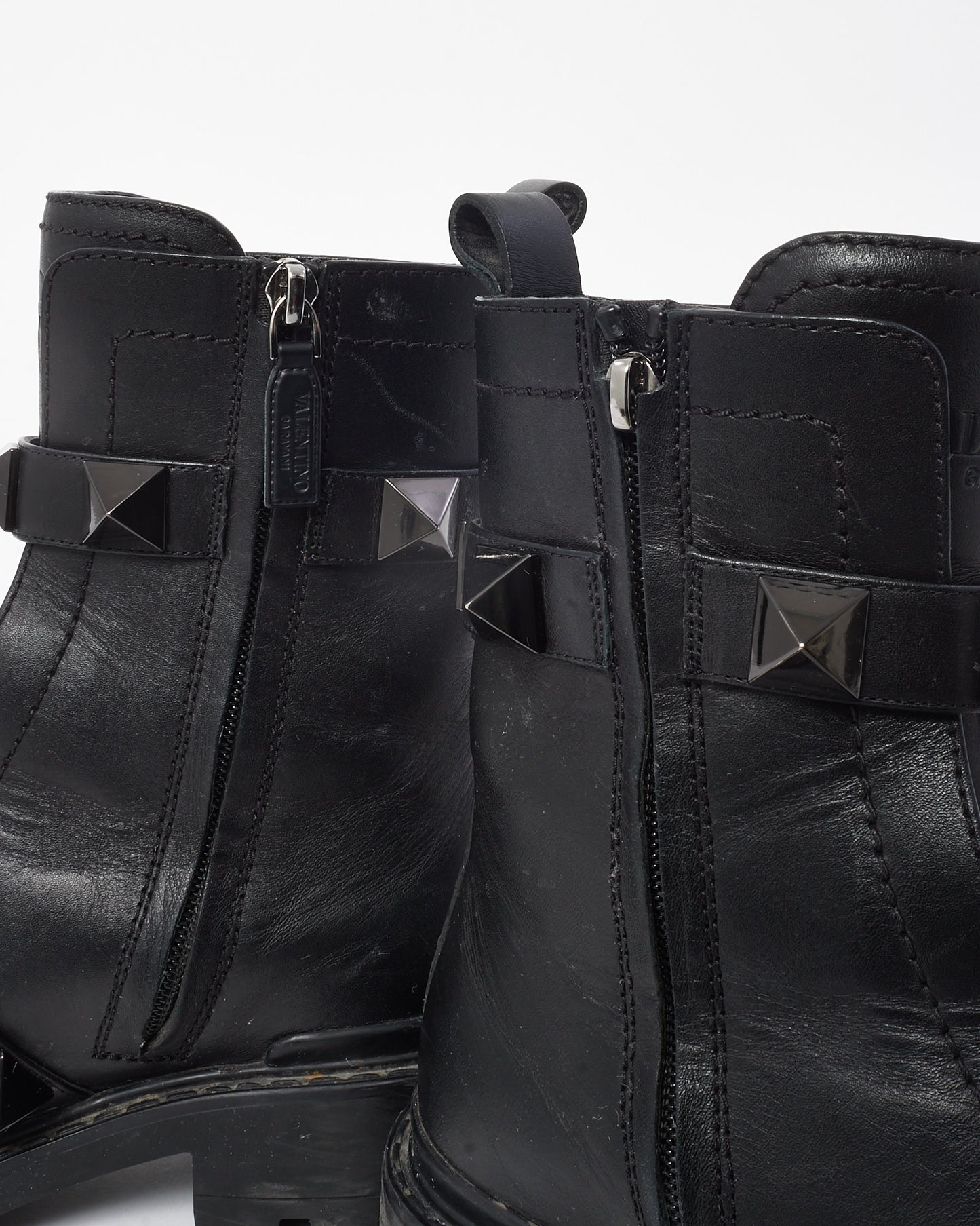 Valentino Black Leather Rockstud Combat Boots - 36.5