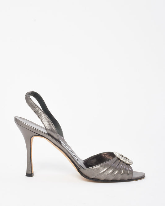 Manolo Blahnik Dark Silver Embellished Sedaraby Slingback Pumps - 38.5