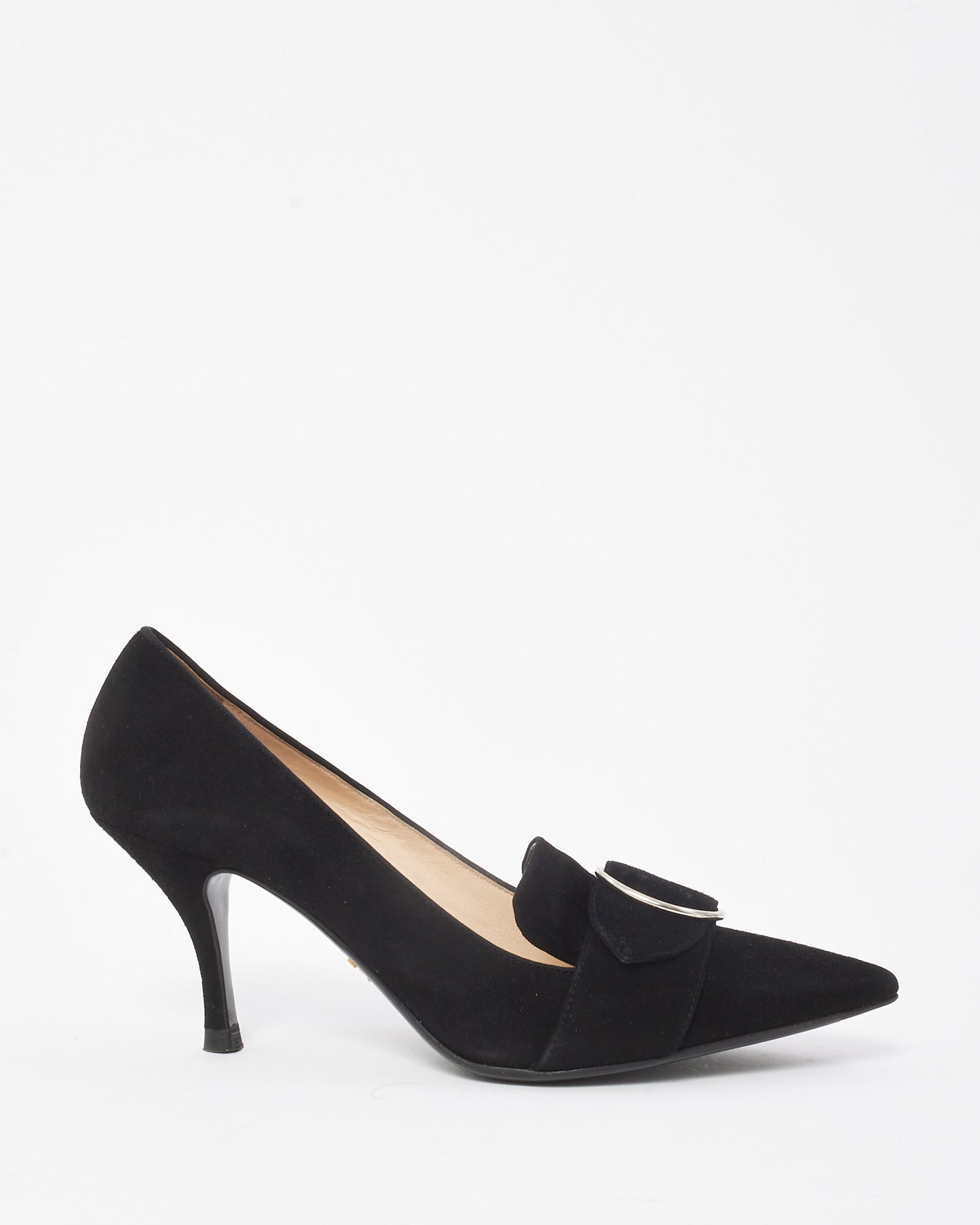 Prada Vintage Black Suede Buckle Pointed Toe Pumps - 38.5
