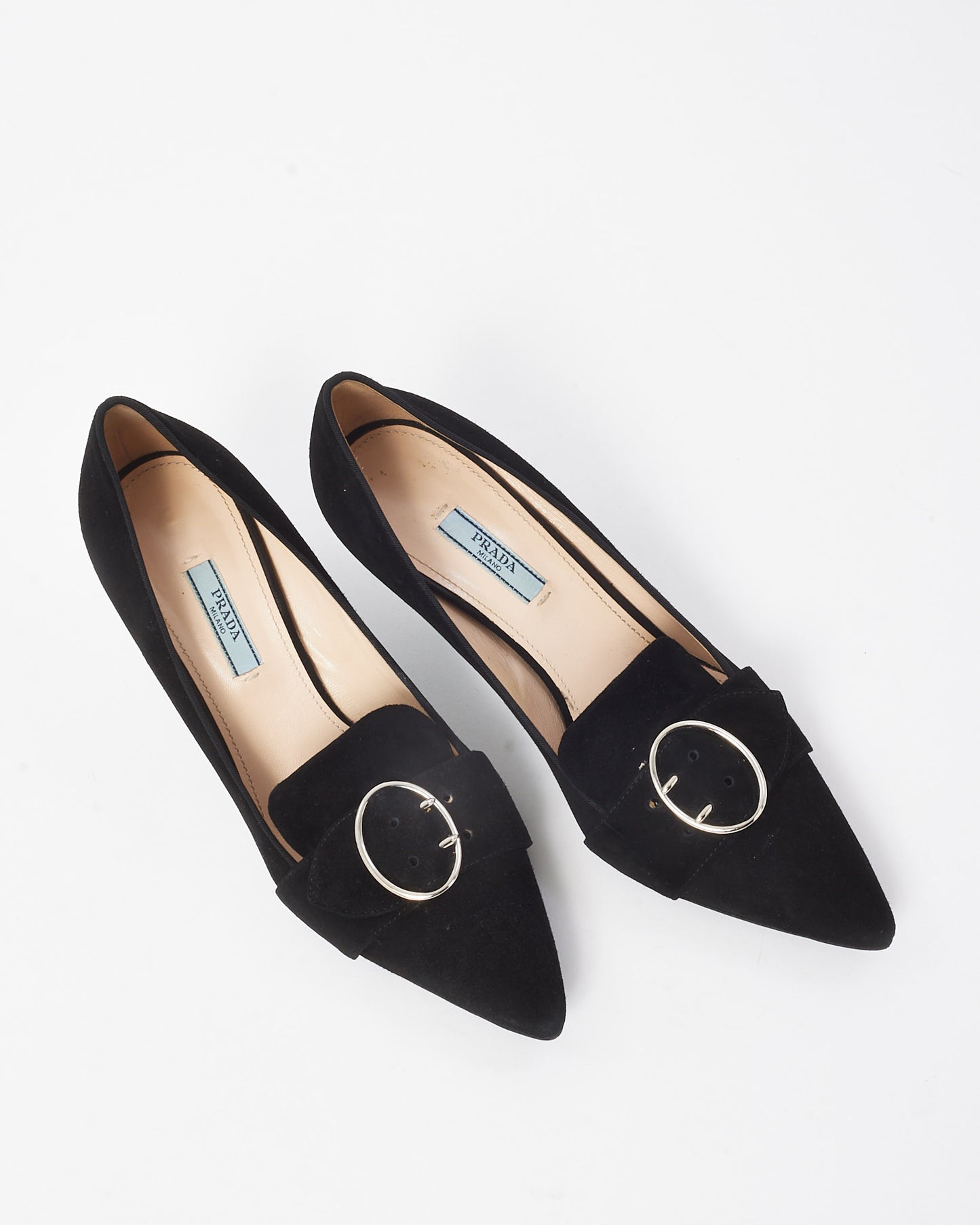 Prada Vintage Black Suede Buckle Pointed Toe Pumps - 38.5