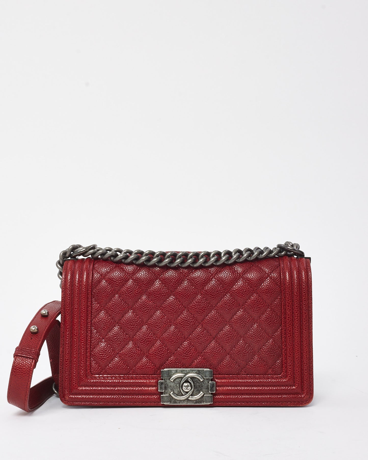 Chanel Red Quilted Caviar Leather Old Medium Boy Bag SHW