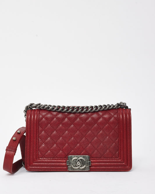 Chanel Red Quilted Caviar Leather Old Medium Boy Bag SHW