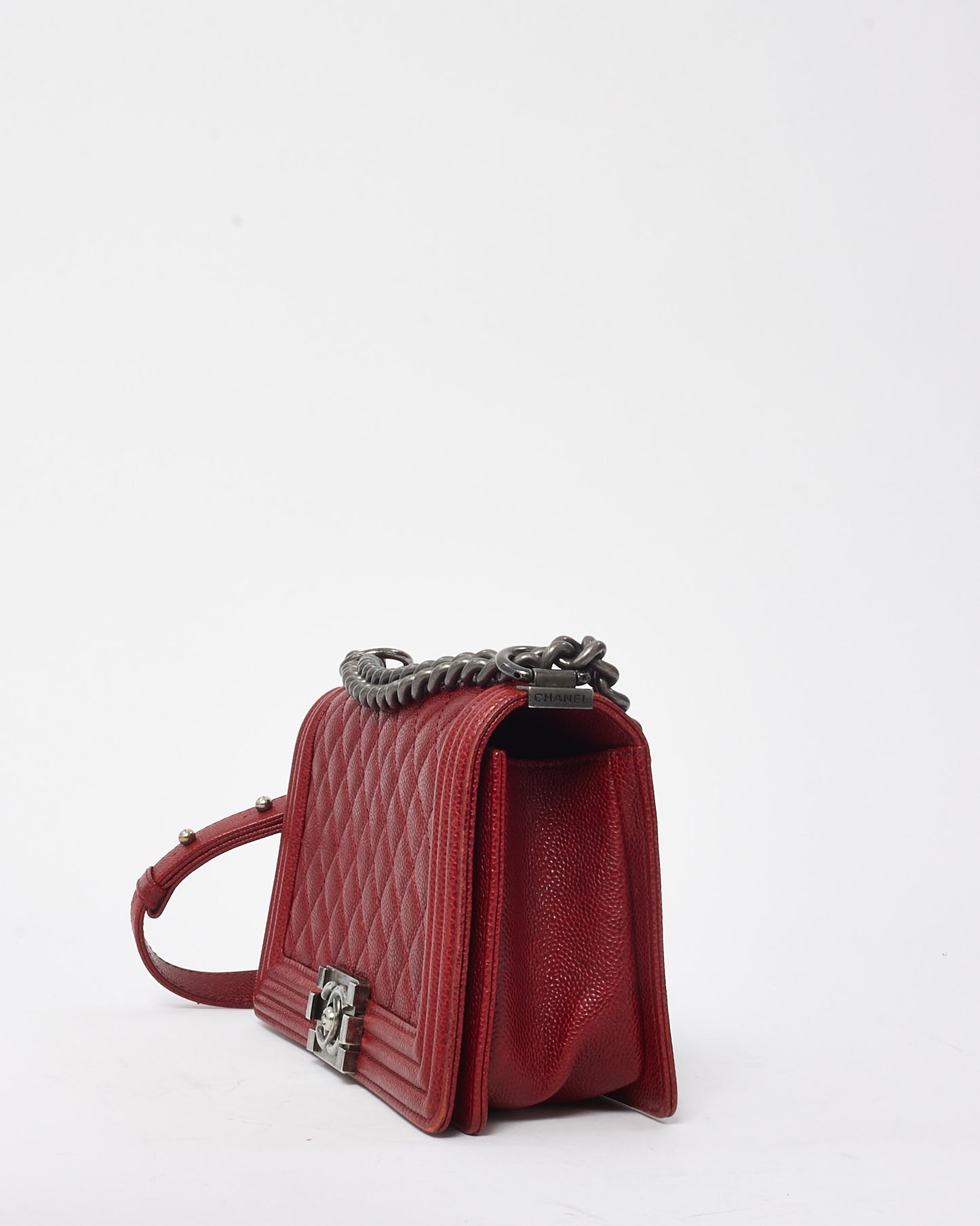 Chanel Red Quilted Caviar Leather Old Medium Boy Bag SHW