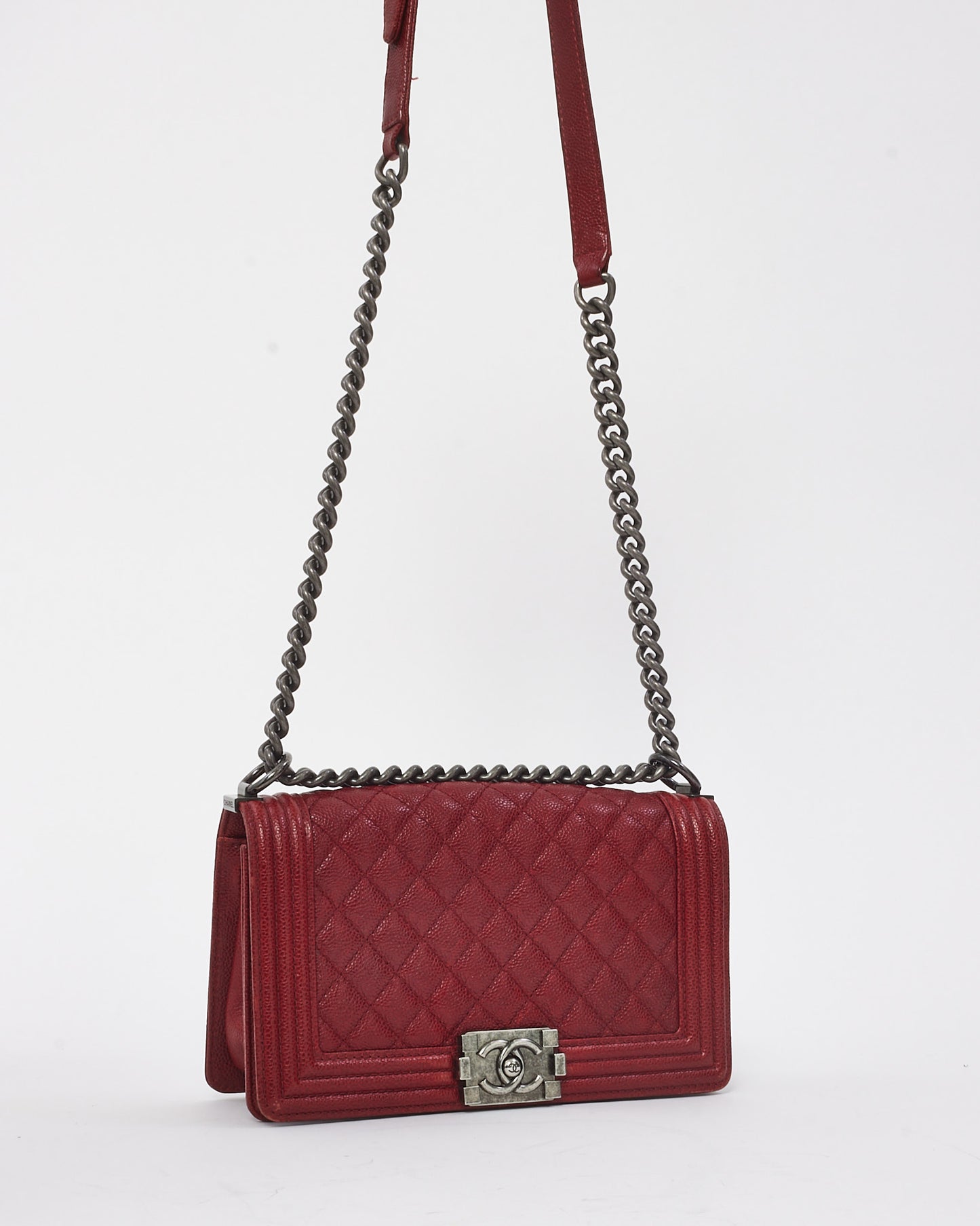 Chanel Red Quilted Caviar Leather Old Medium Boy Bag SHW