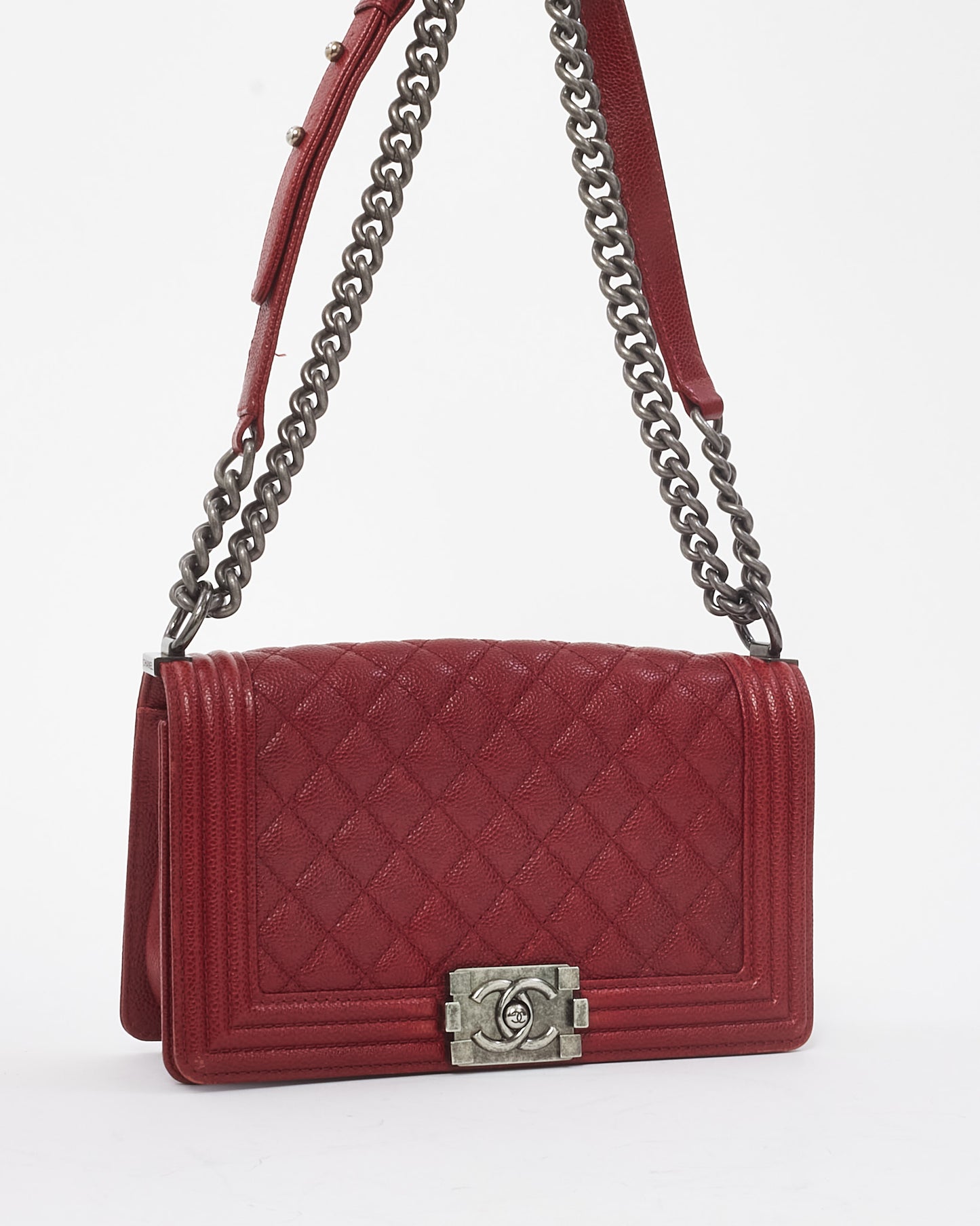 Chanel Red Quilted Caviar Leather Old Medium Boy Bag SHW