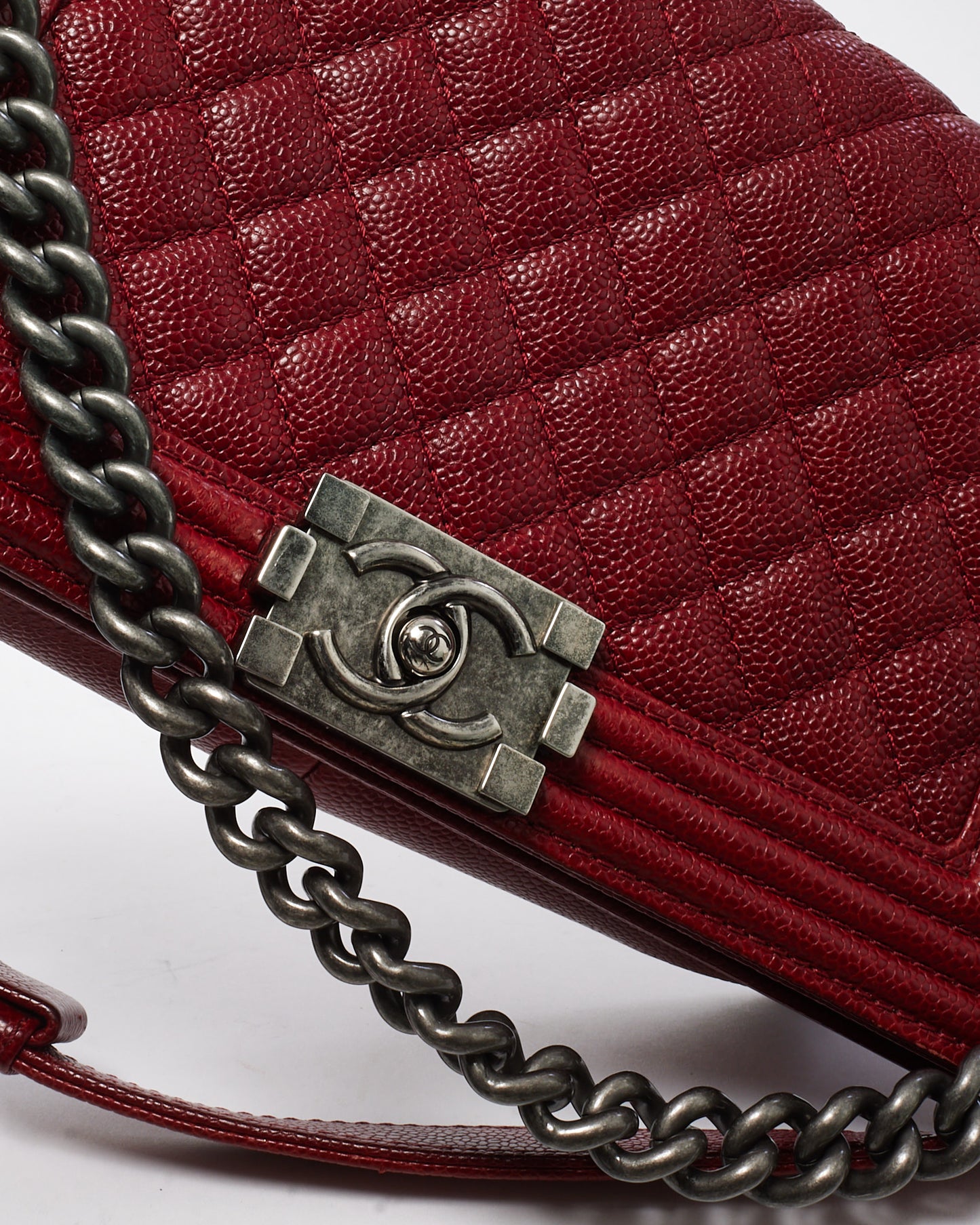 Chanel Red Quilted Caviar Leather Old Medium Boy Bag SHW