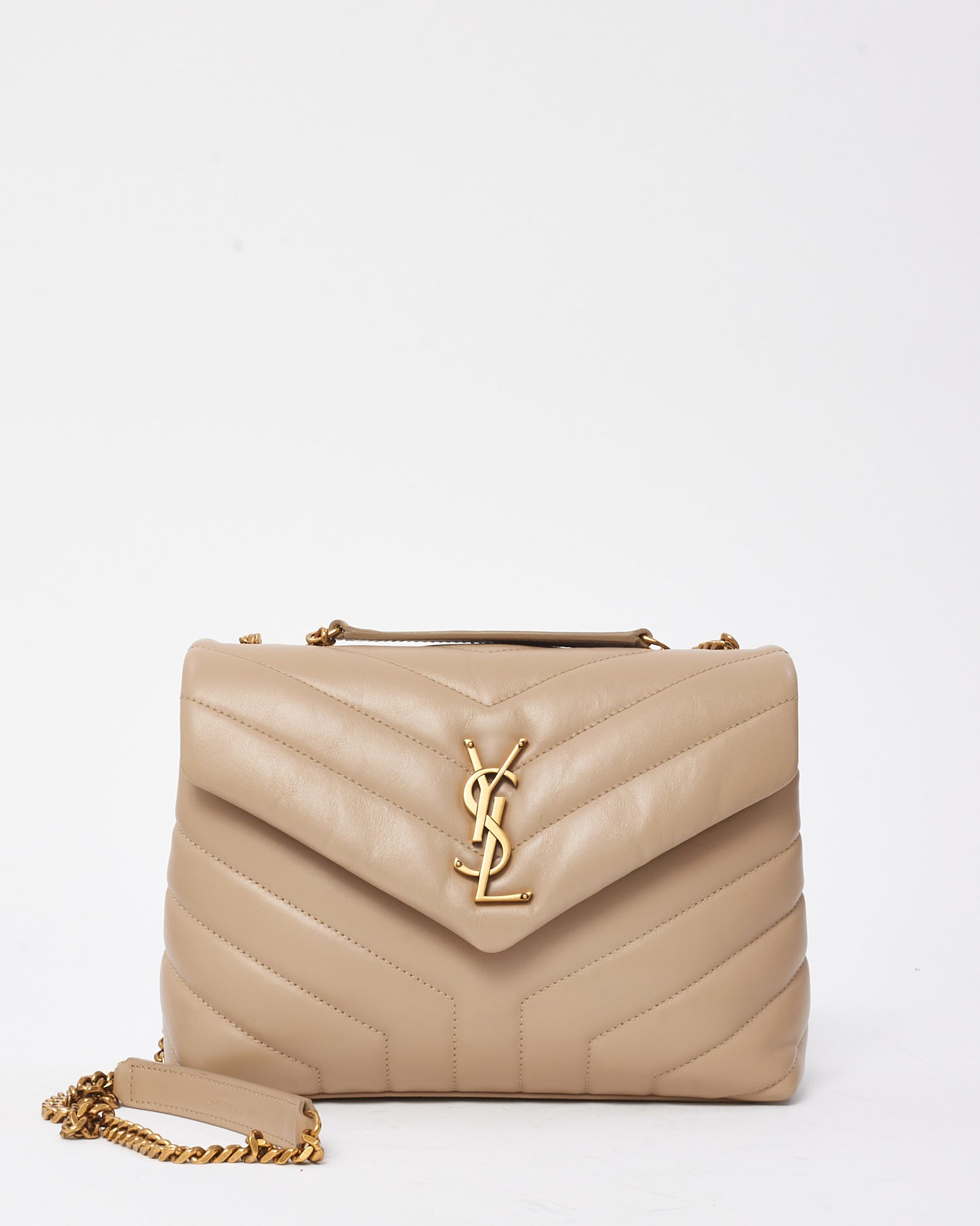 Saint Laurent Beige Chevron Leather Small YSL Monogram Loulou Shoulder Bag GHW