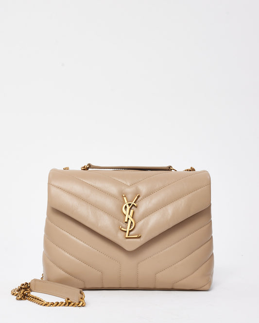 Saint Laurent Beige Chevron Leather Small YSL Monogram Loulou Shoulder Bag GHW