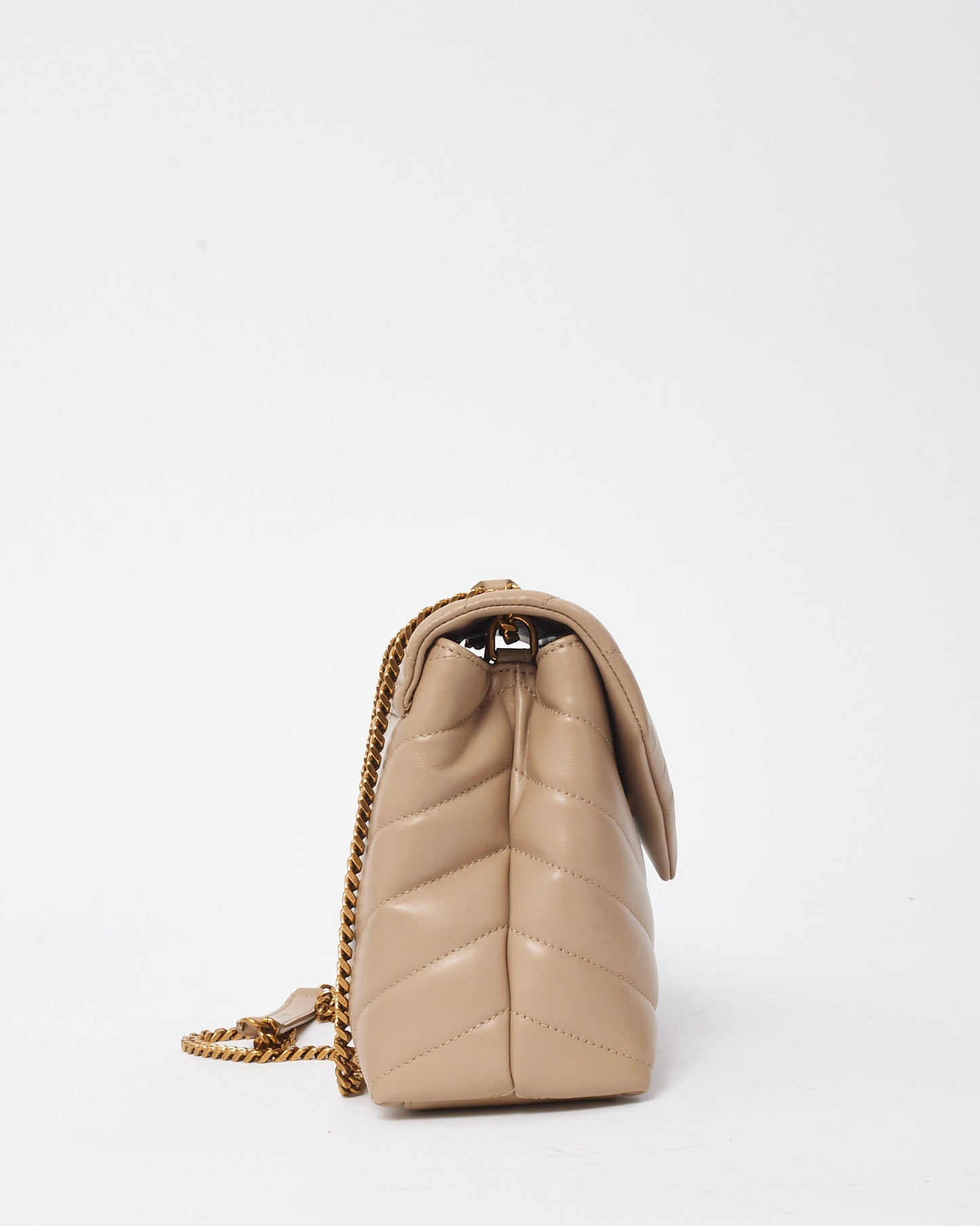 Saint Laurent Beige Chevron Leather Small YSL Monogram Loulou Shoulder Bag GHW
