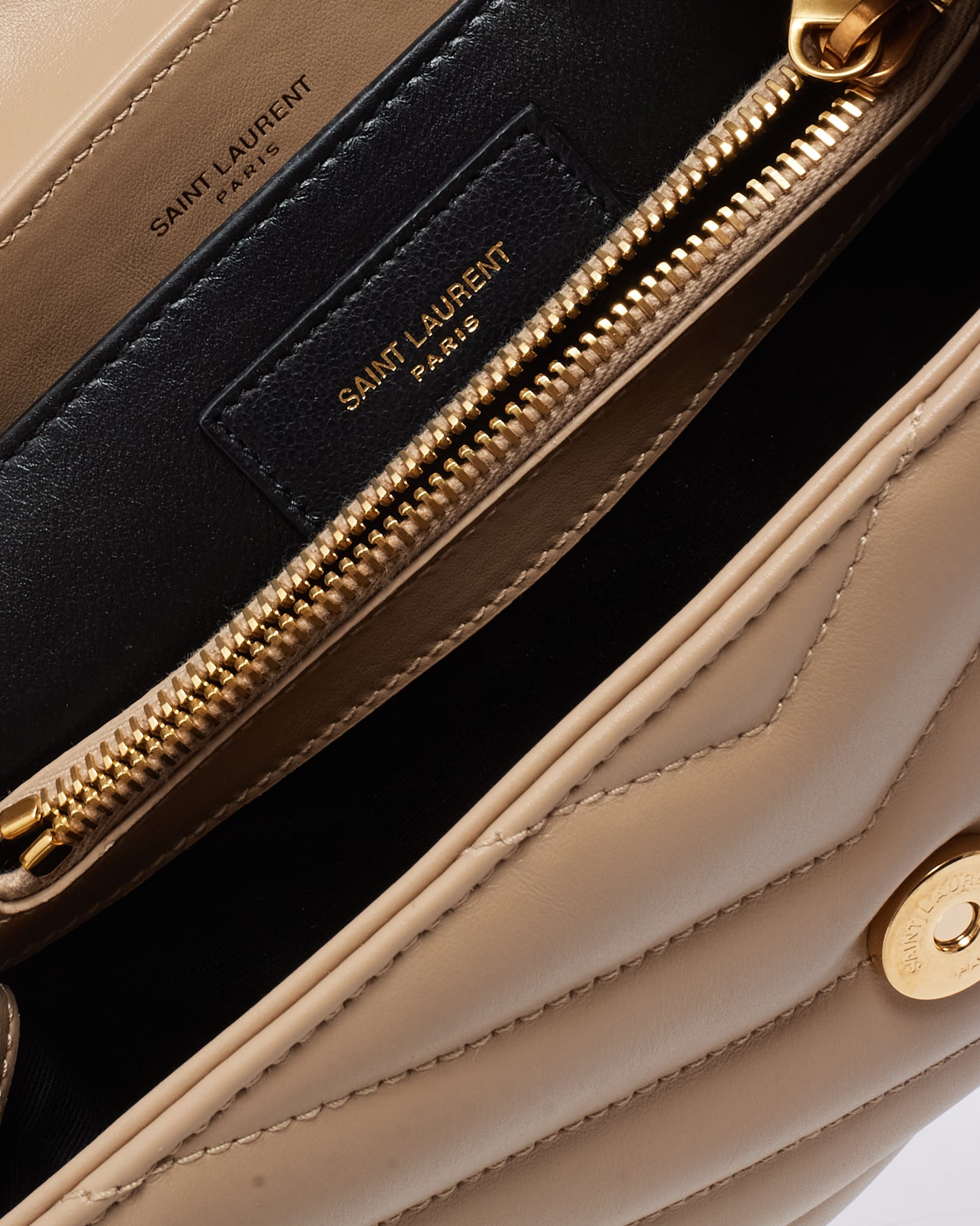 Saint Laurent Beige Chevron Leather Small YSL Monogram Loulou Shoulder Bag GHW