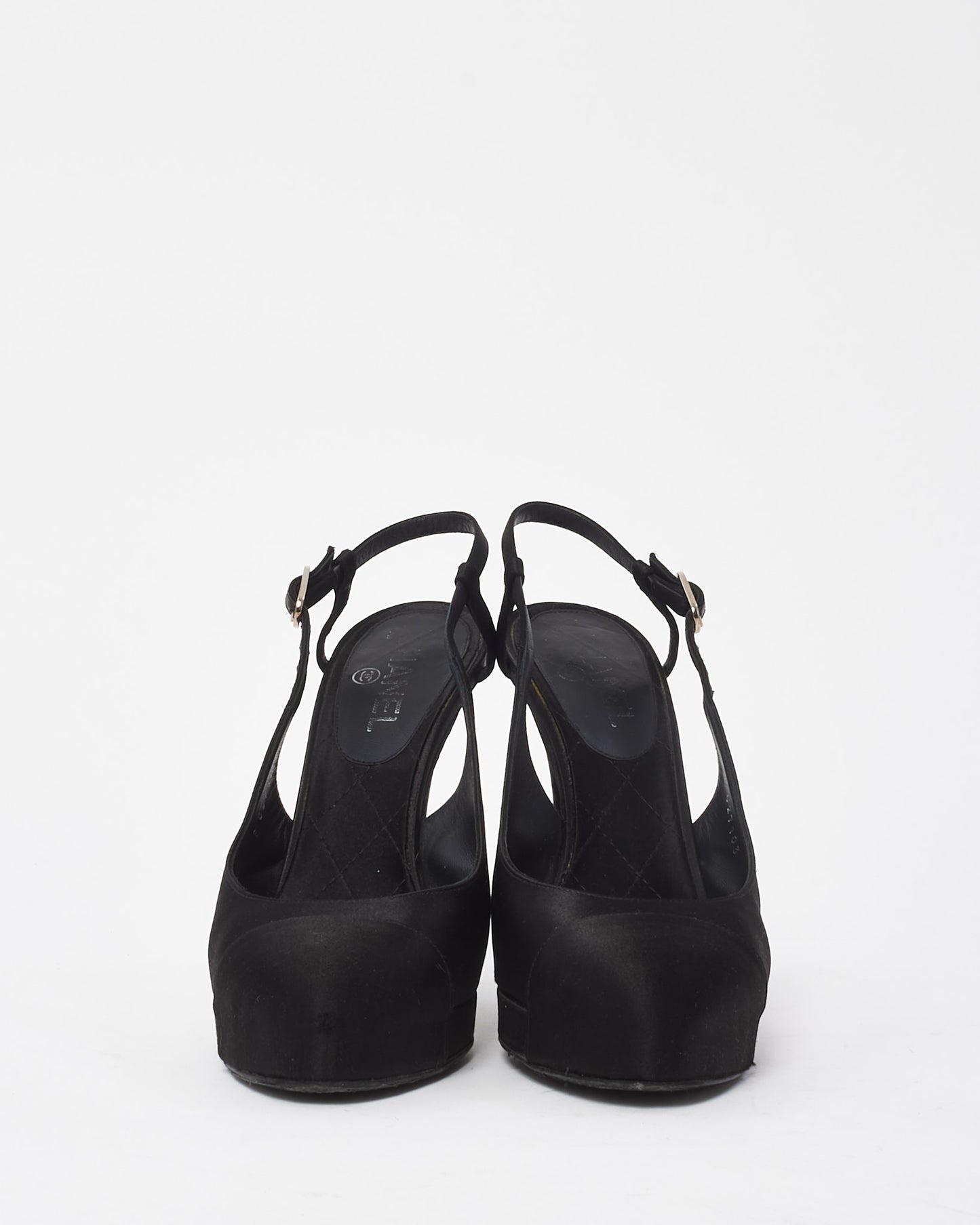 Chanel Black Satin Pearl Logo Heel Platform Slingback Pumps - 40