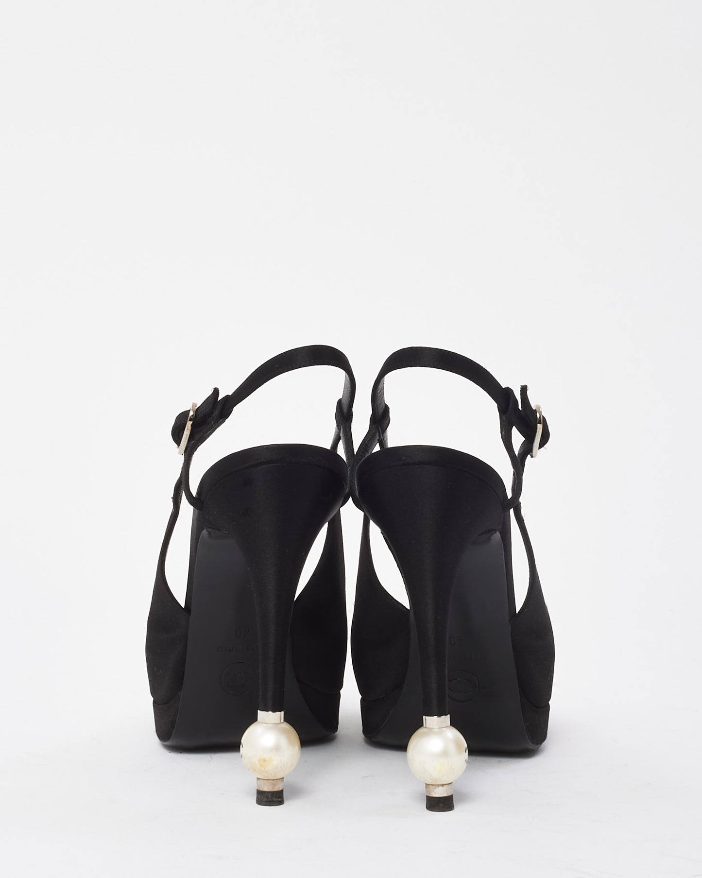 Chanel Black Satin Pearl Logo Heel Platform Slingback Pumps - 40