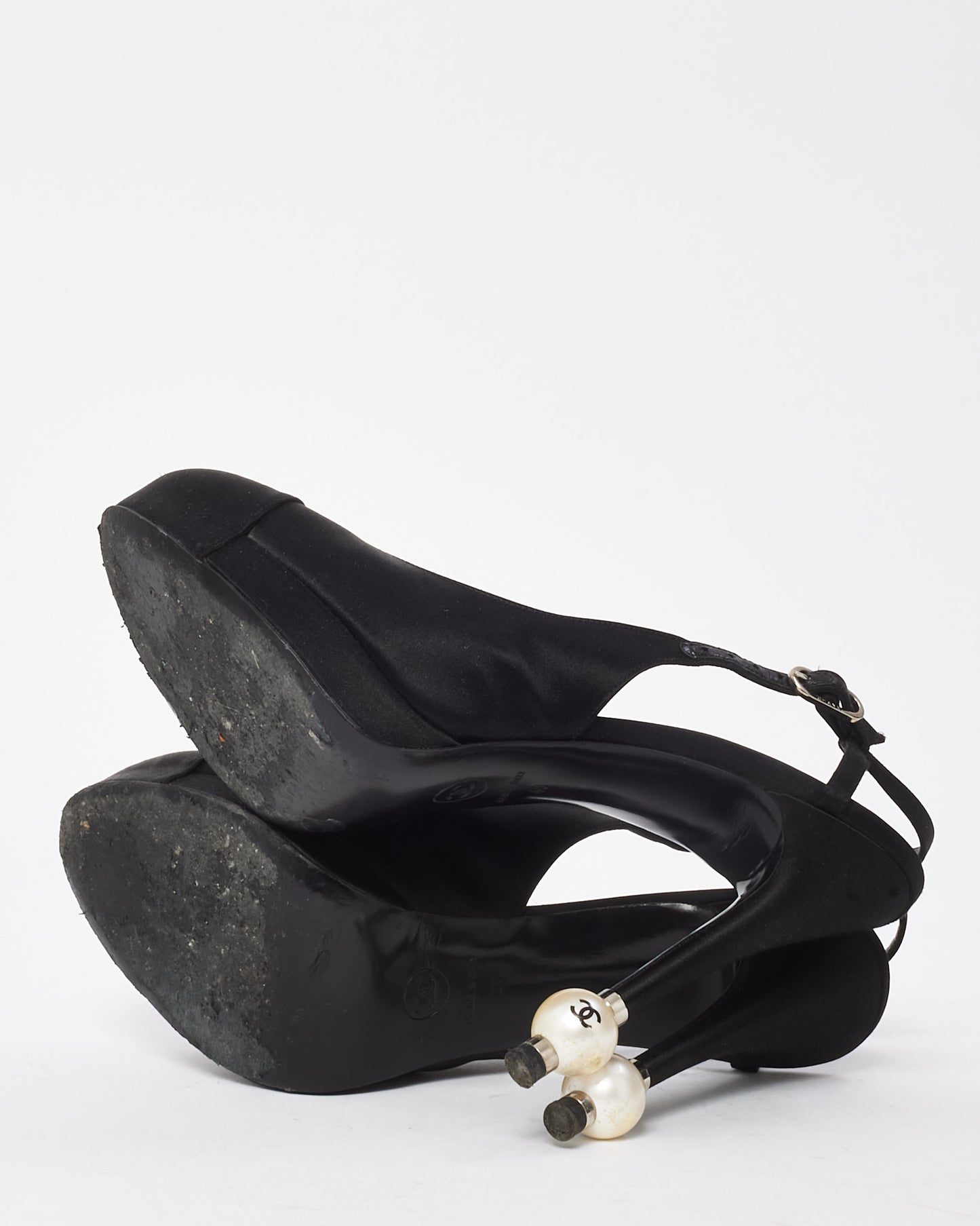 Chanel Black Satin Pearl Logo Heel Platform Slingback Pumps - 40
