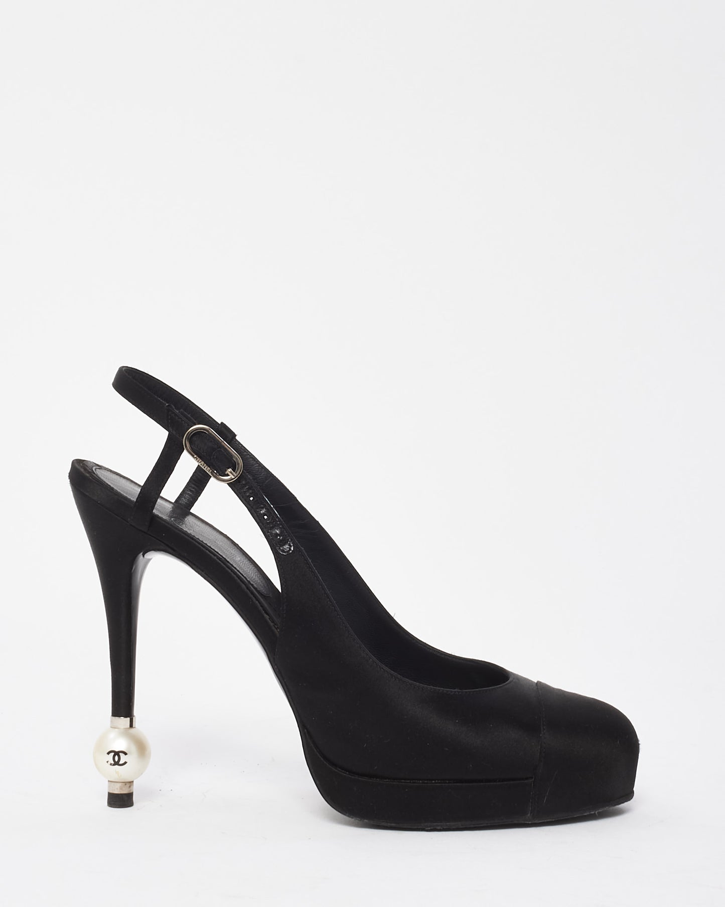 Chanel Black Satin Pearl Logo Heel Platform Slingback Pumps - 40