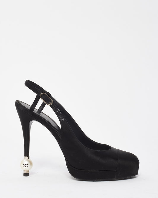 Chanel Black Satin Pearl Logo Heel Platform Slingback Pumps - 40