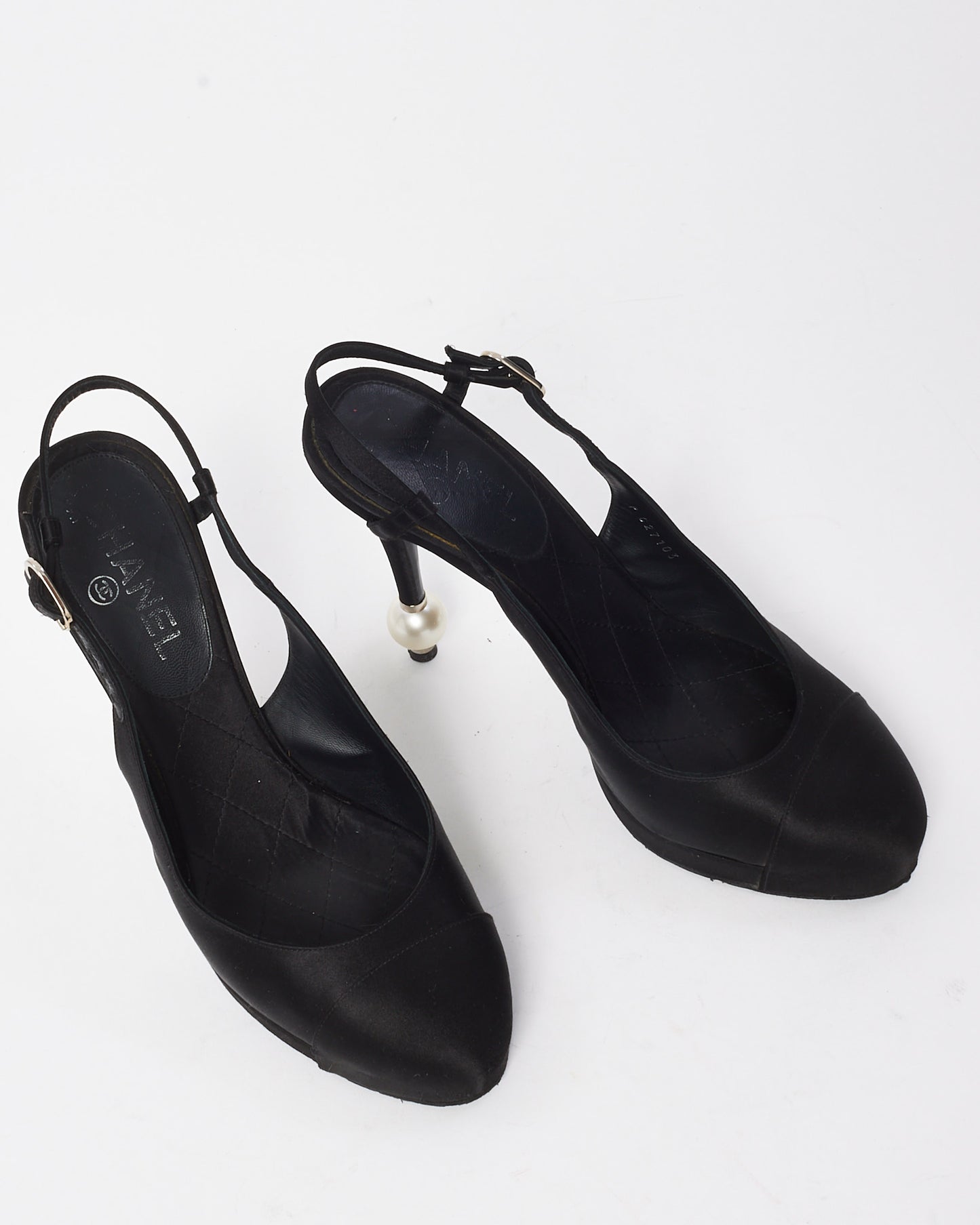 Chanel Black Satin Pearl Logo Heel Platform Slingback Pumps - 40