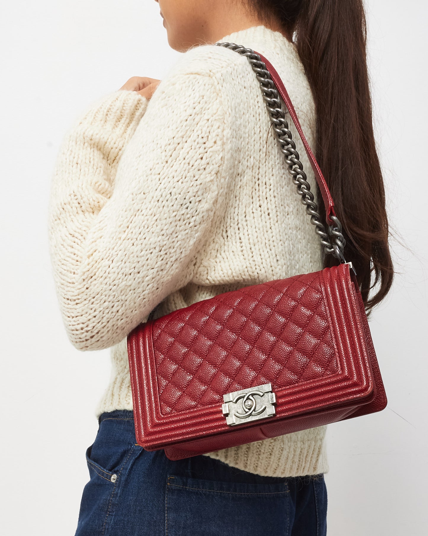 Chanel Red Quilted Caviar Leather Old Medium Boy Bag SHW